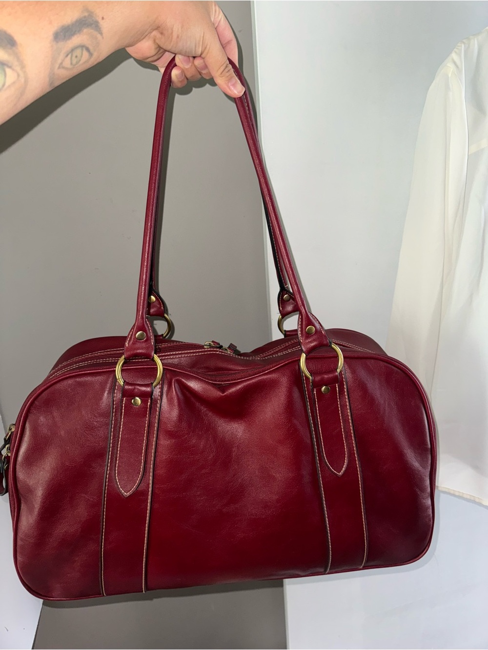 a.n.a Burgundy Leather Travel Tote with Gold Hardware